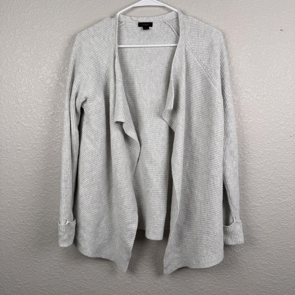 Ann Taylor Factory Sweater Womens Large Gray Open Front Drape Cardigan Knit Cozy